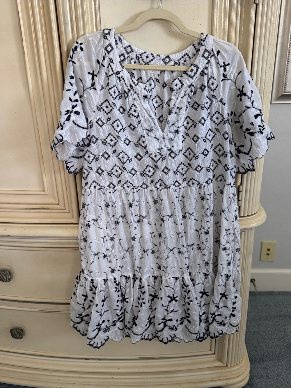 Women's White Cotton Tunic Dress with Black Embroidery
